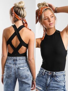 Intimately Free People Jessa Bodysuit Women’s Large Black Balletcore Athleisure